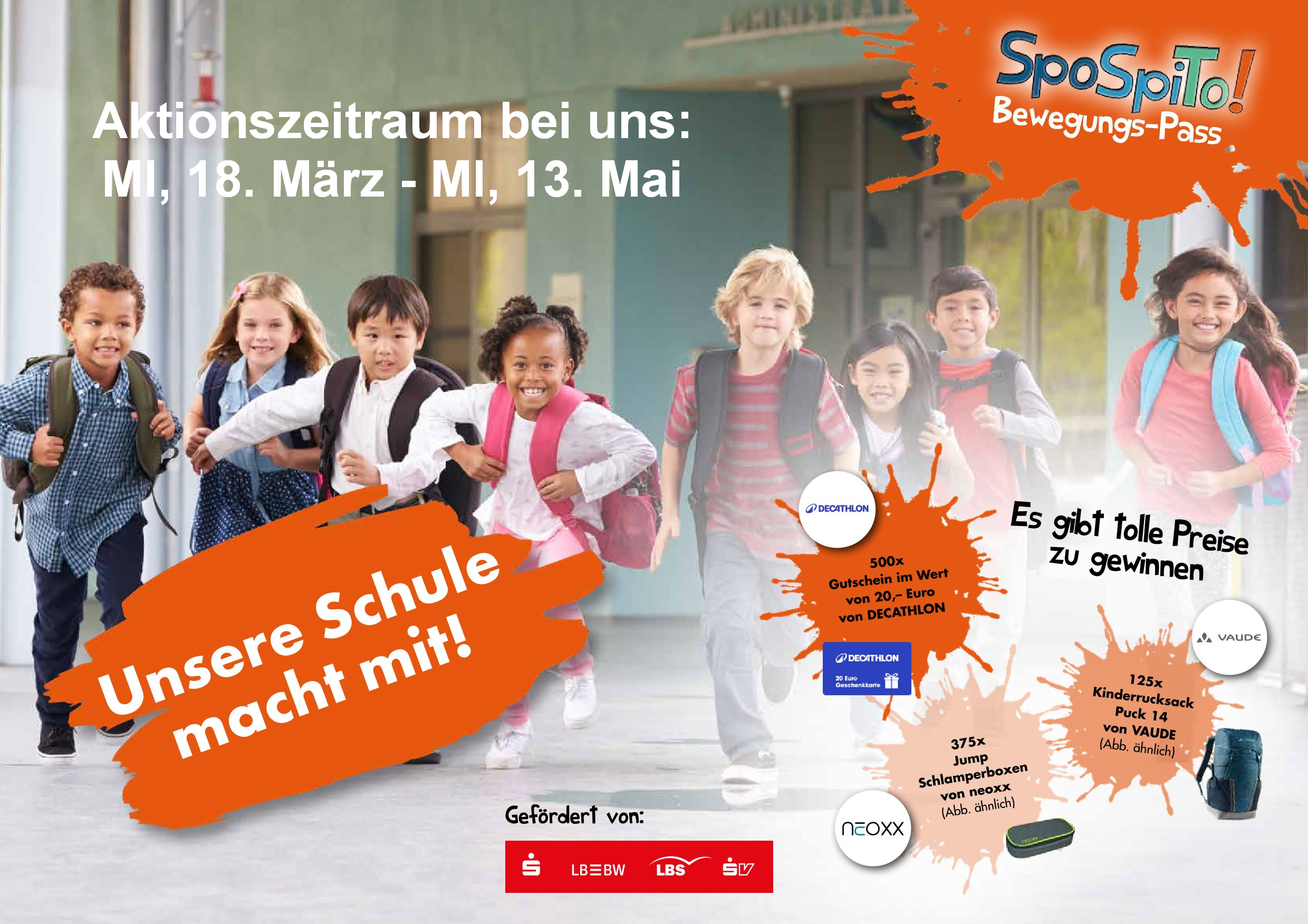 Plakat vom SpoSpiTo.Bewegungspass mit Angabe des Aktionszeitraums 18.03.-13.05.2026